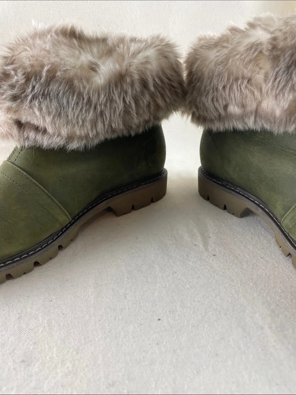 CAT Faux Fur Cuff Ankle Boots - Olive Green Size 11